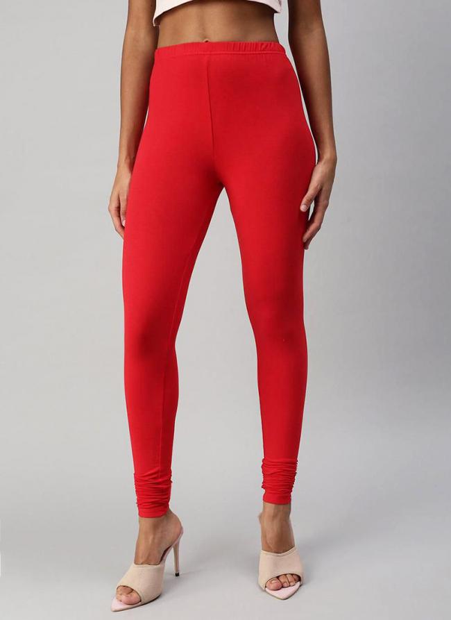 Lycra Cotton Red Casual Wear Plain Leggings